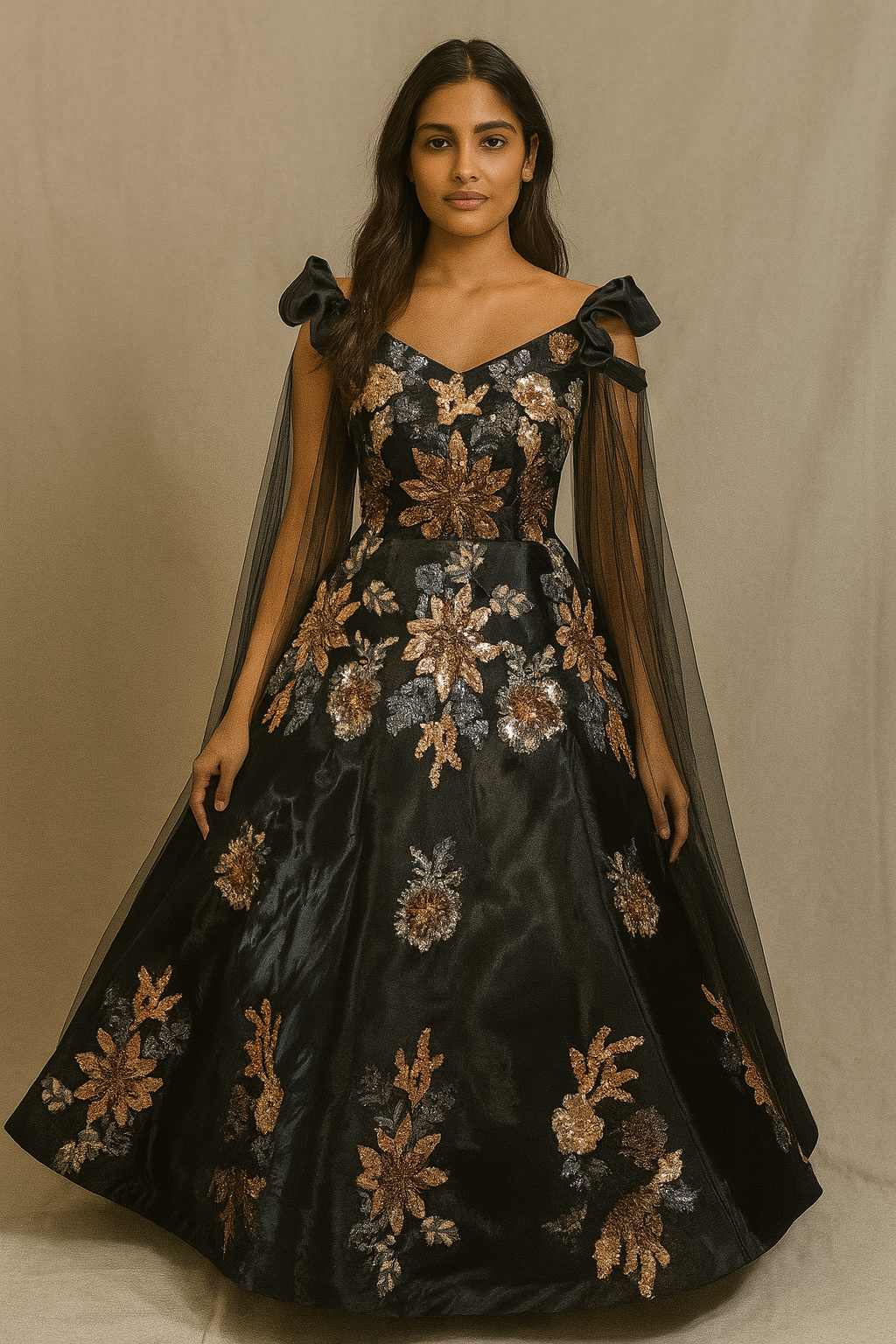 Midnight Black Designer Ball Gown - Cape Style with Floral Embellishments